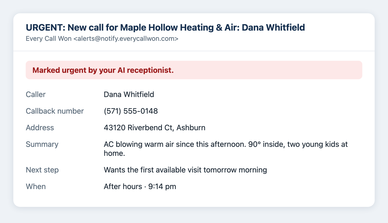 Sample call summary email marked urgent, with the caller's name, callback number, address, problem and requested visit